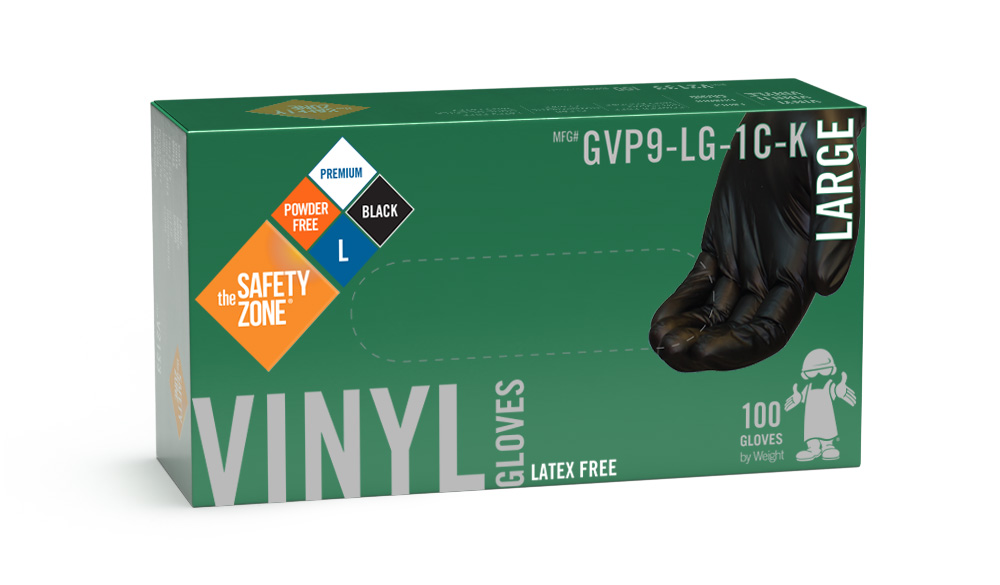 #GVP9-1C-K Supply Source Safety Zone Disposable 3.6 mil Black Powder-Free Latex-Free Vinyl Gloves