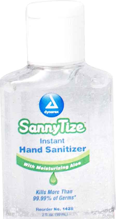 1428  Dynarex Sannytize Instant Hand Sanitizer contains 62% Ethyl Alcohol and come packed in a 2-ounce bottle