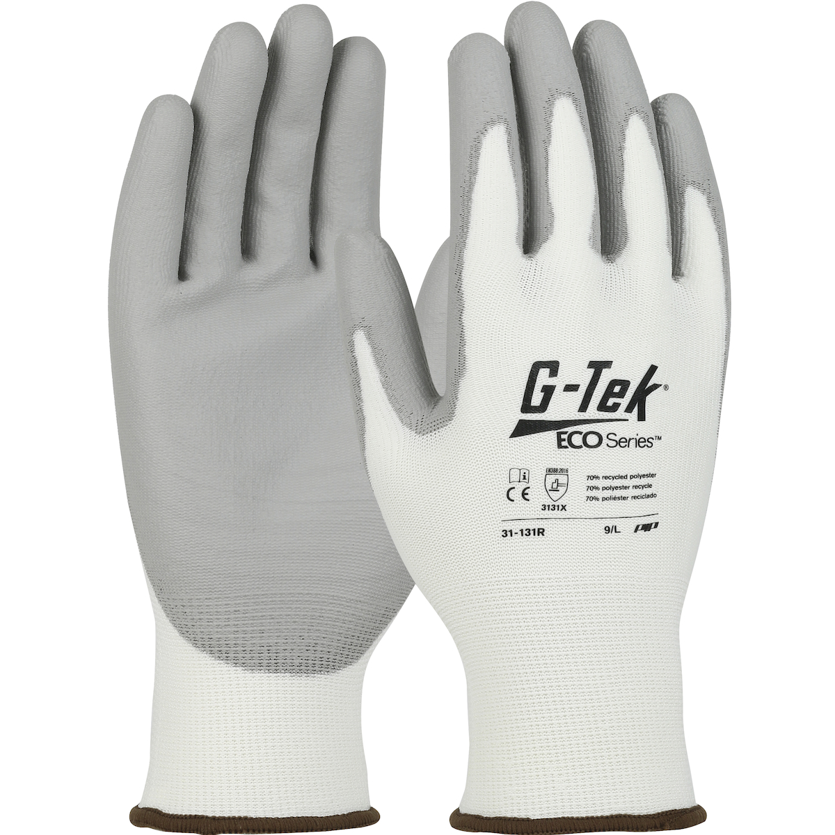 #31-131R PIP® G-Tek® ECO Series™ Seamless Knit Recycled Yarn / Spandex Blended Glove with Polyurethane Coated Flat Grip on Palm & Fingers