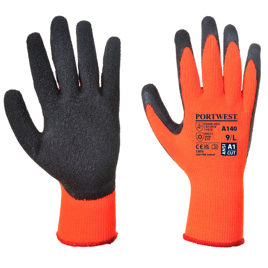 A140 Portwest® Hi-Vis Orange Latex Coated A1 Grippy Cold Condition Work Gloves
