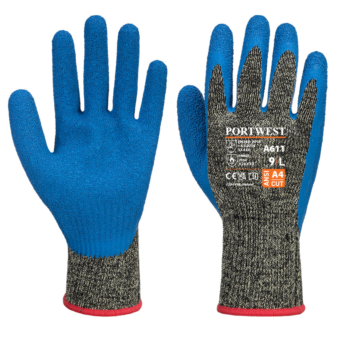 A611 Portwest® Aramid HR A4 Cut Resistant Seamless Knit Latex Coated Work Gloves