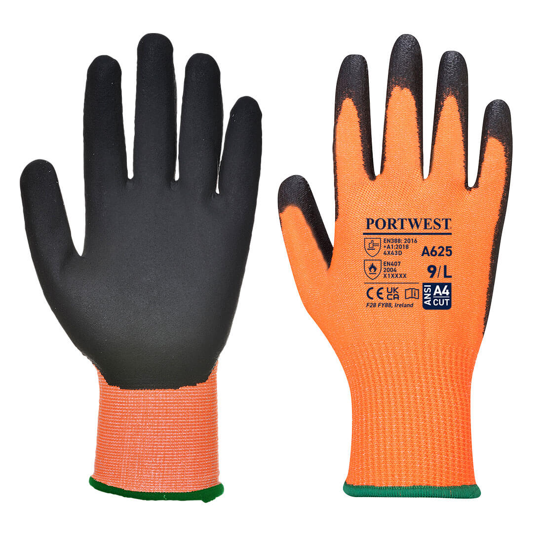 A625 Portwest® Vis-Tex Hi-Vis Orange PU Foam Coated Cut-Resistant Work Gloves