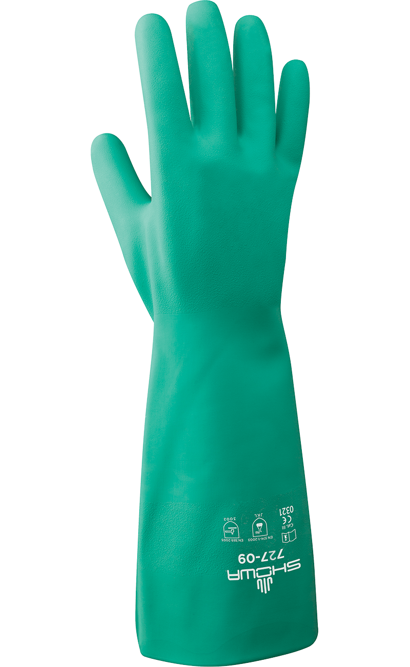 Showa® 727 chemical-resistant 15-mil unsupported unlined Nitrile Gloves