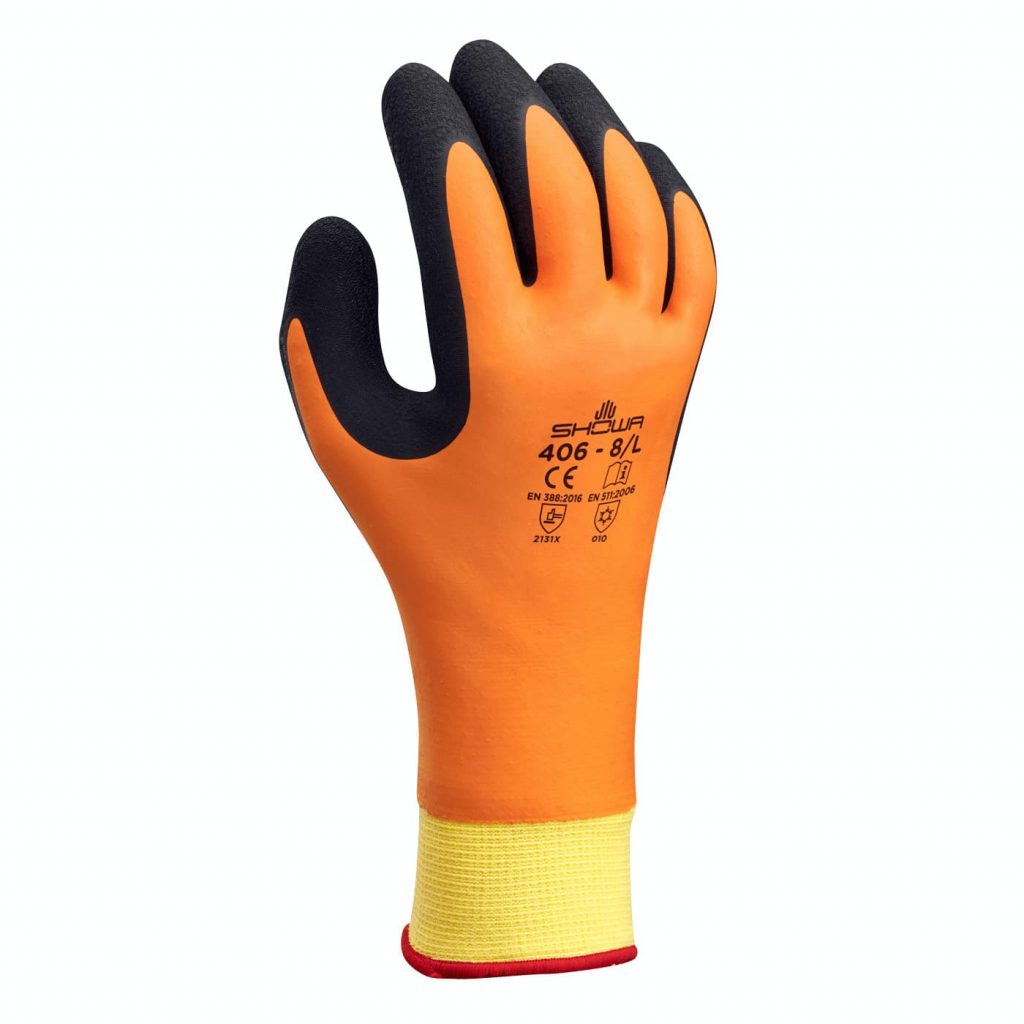 Showa® 406 rubber palm coated fluorescent orange insulated waterproof winter work gloves
