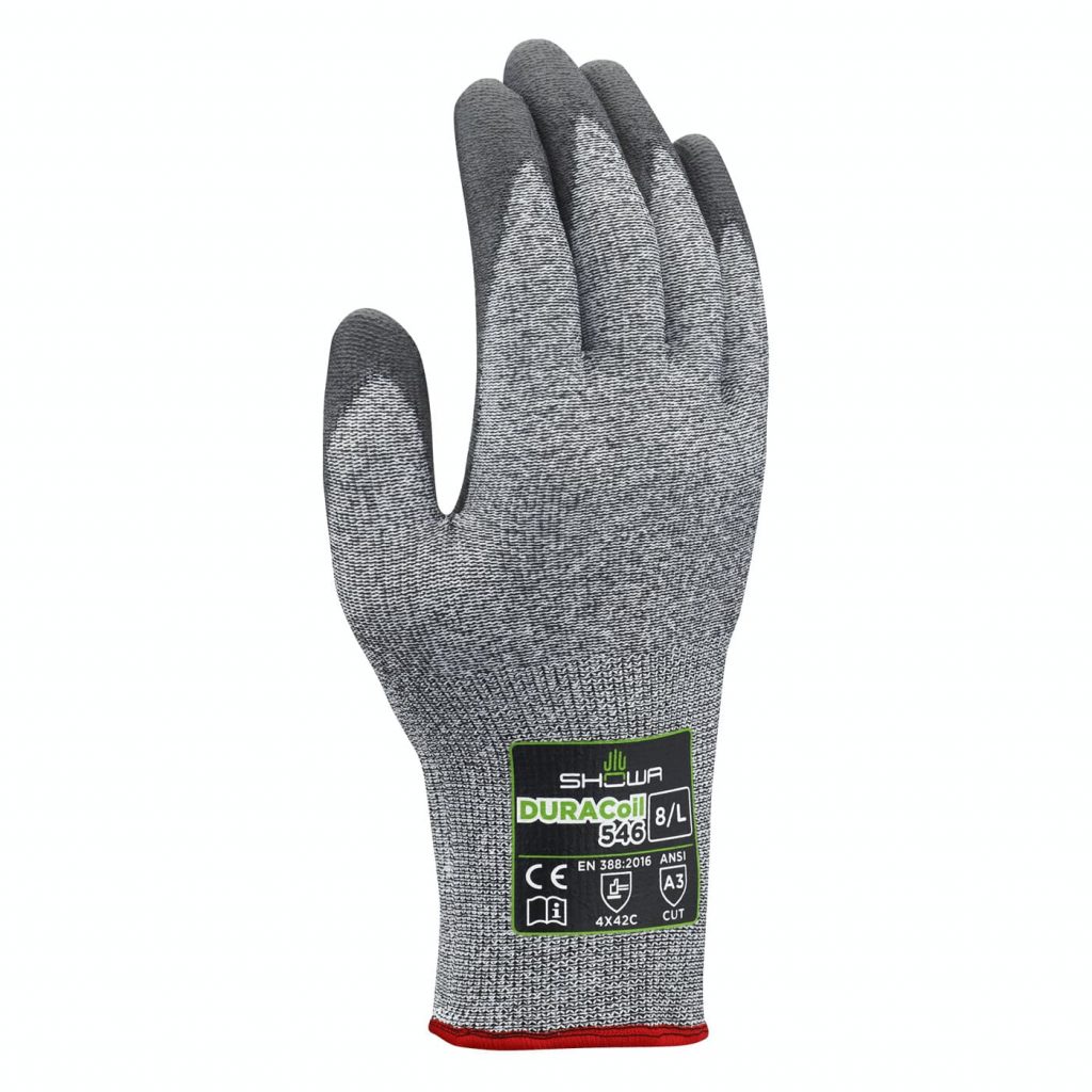 Showa® 546 foam polyurethane palm coated  13-gauge HPPE reinforced DURACoil seamless knit cut level A3 gloves