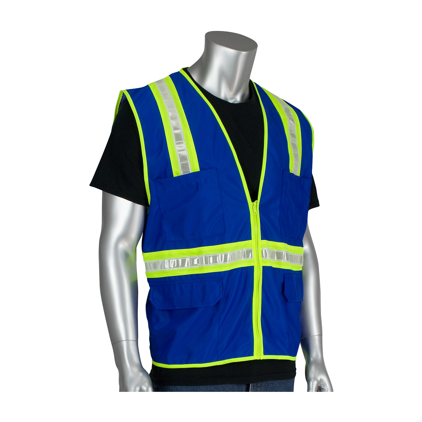 #300-1000 PIP® Non-ANSI Blue Surveyor's Style Safety Vest with a Solid Front, Mesh Back and Prismatic Tape 