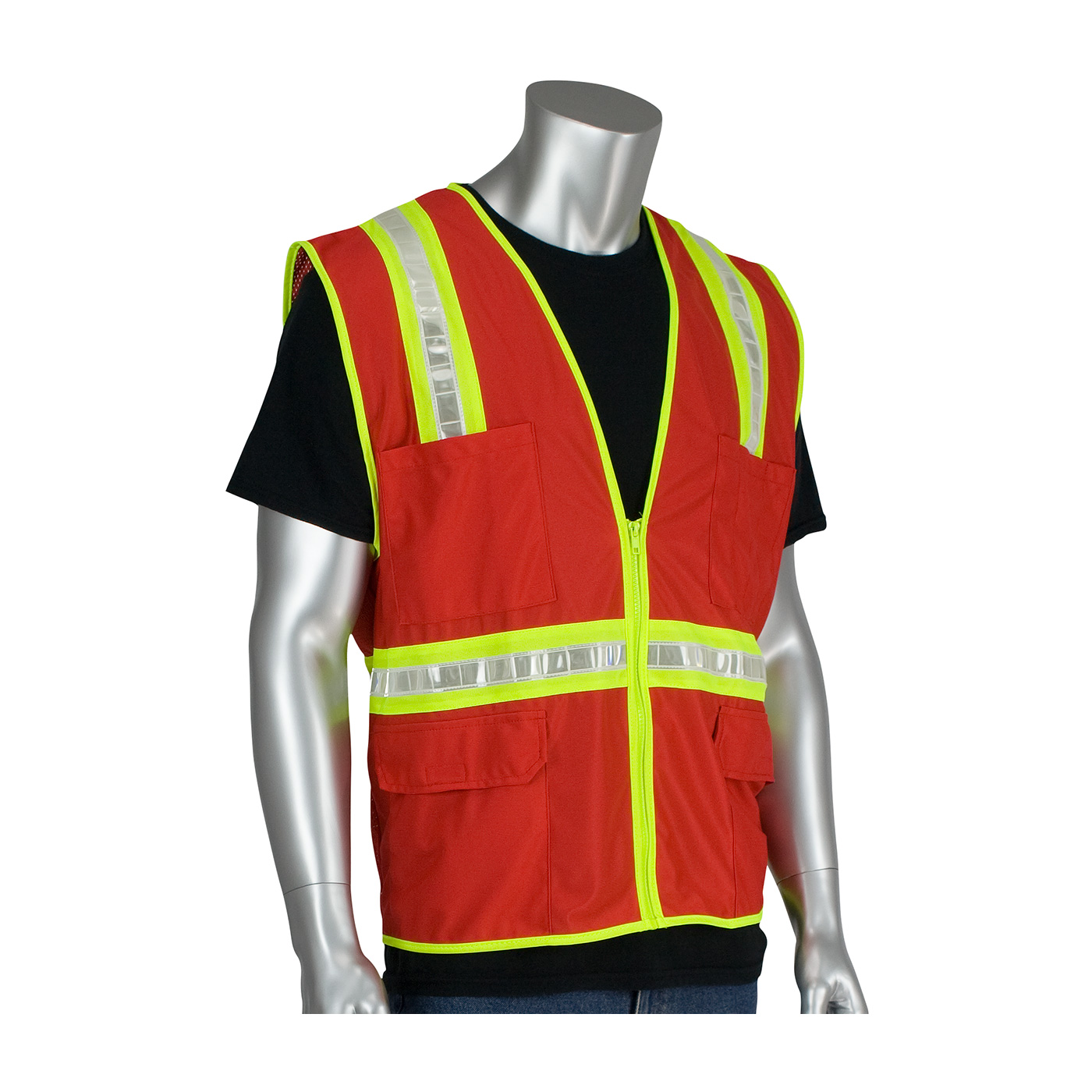 #300-1000 PIP® Non-ANSI Red Surveyor's Style Safety Vest with a Solid Front, Mesh Back and Prismatic Tape 