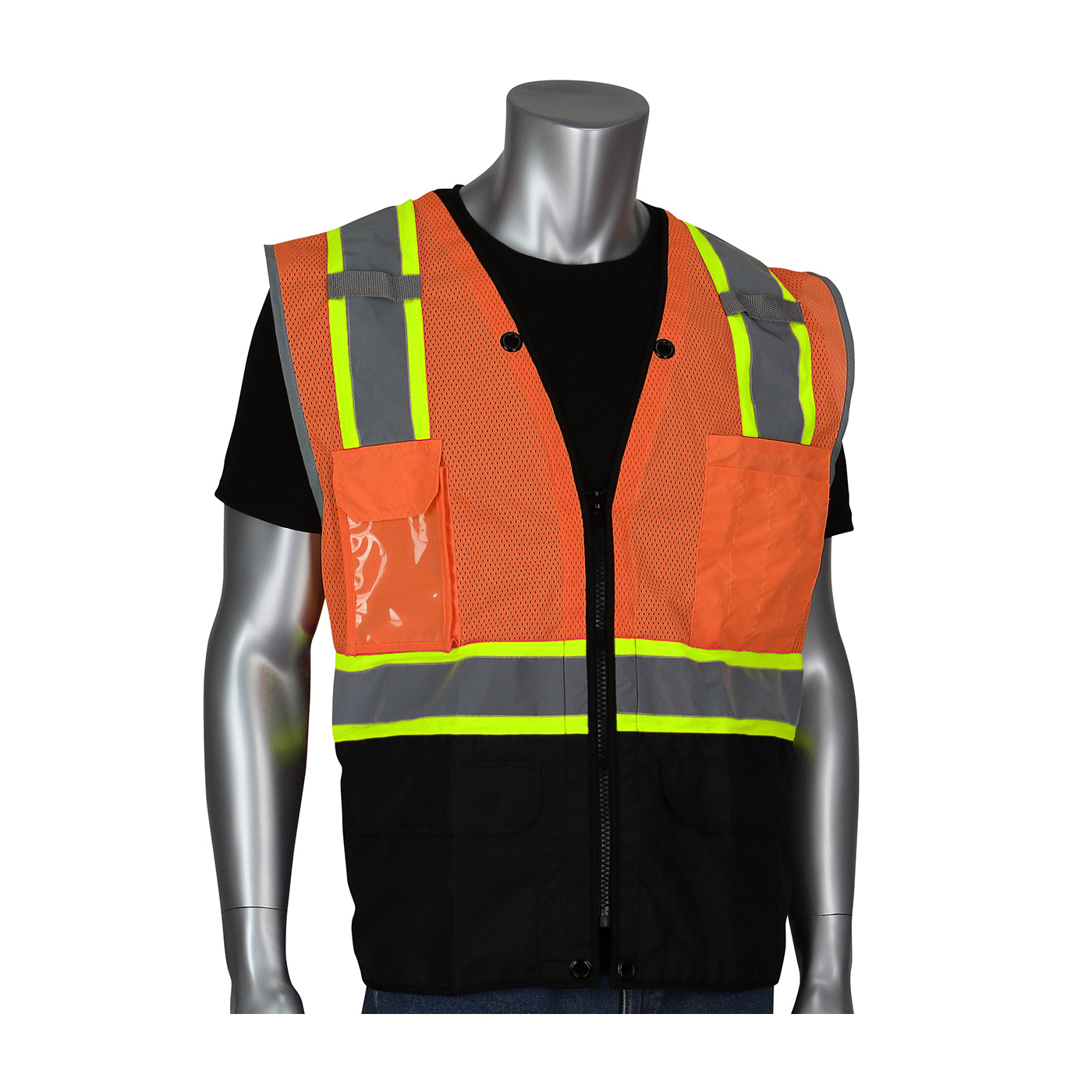 PIP® ANSI Type R Class 2 Hi-Viz Orange Two-Tone Eleven Pocket Tech-Ready Mesh Surveyors Vest with Ripstop Black Bottom Front and `D` Ring Access #302-0650D