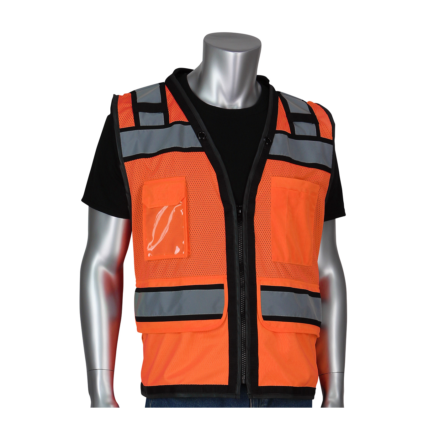 PIP® ANSI Type R Class 2 Black Two-Tone Eleven Pocket Tech-Ready Orange Mesh Surveyors Vest with `D` Ring Access #302-0800D