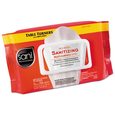 M30472 Sani Professional® Sani-Wipes Food Safe No Rinse Multi-Surface Sanitizing Wipes - 72 count resealable foil pack
