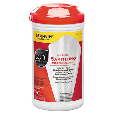 P66784 Sani Professional® Sani-Wipes Food Safe No Rinse Multi-Surface Sanitizing Wipes - 175 count canister