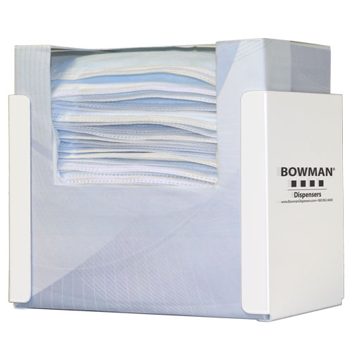 FB-040 Bowman® white powder-coated steel dispenser holds one box of tie style face masks