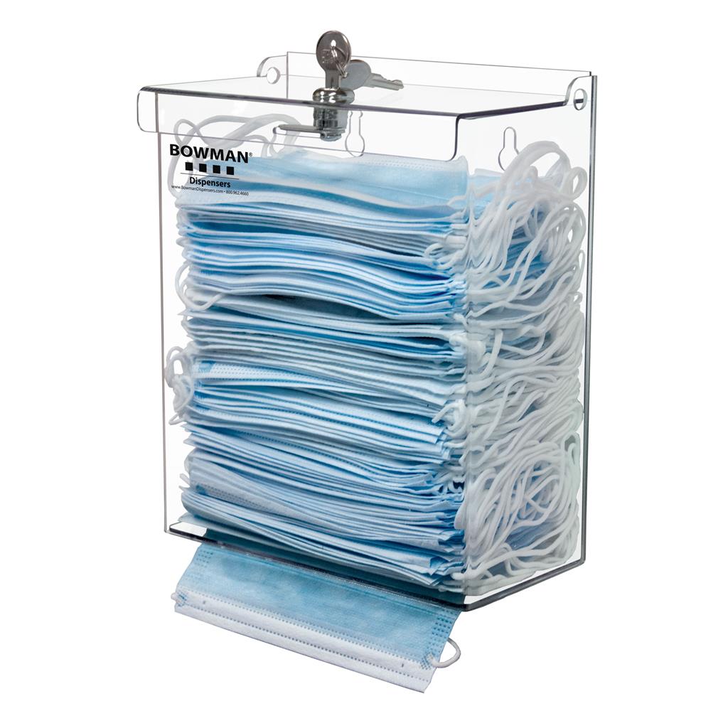 FM404-0111 Bowman® clear PETG plastic locking dispenser holds 2-3 boxes of ear-loop style face masks