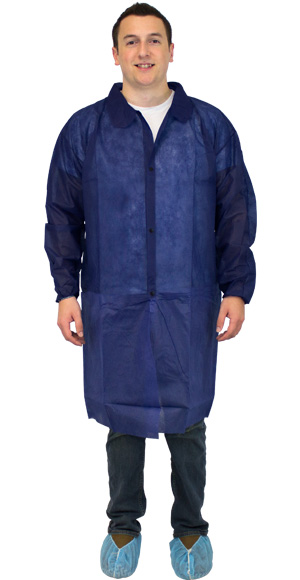 Safety Zone® Blue Polypropylene Lab Coats w/ No Pockets, Elastic Cuffs