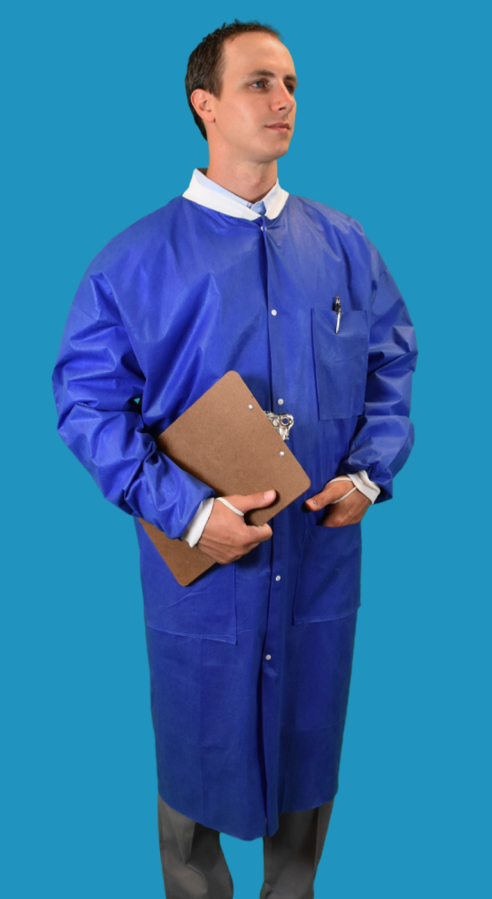 #CEF3-BK-SMS Keystone Blue SMS Disposable Cleanroom Frocks with Three Pockets and Knit Collar