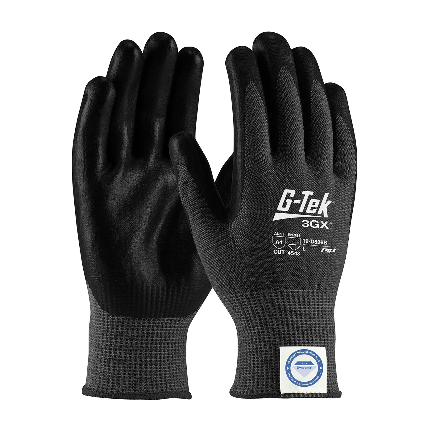 19-D526B PIP® G-Tek® 3GX® Black Seamless Knit Dyneema® Diamond Blended Glove with Polyurethane Coated Smooth Grip on Palm & Fingers - Touchscreen Compatible