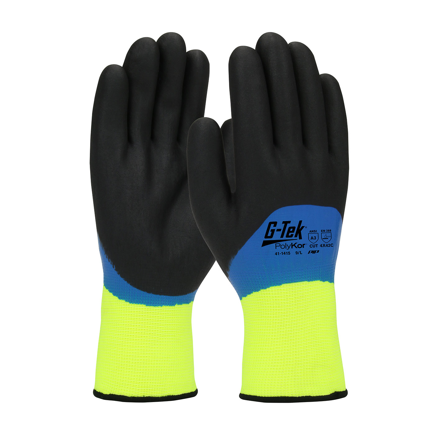 #41-1415 PIP® G-Tek® Hi-Vis Seamless Knit PolyKor Glove with Acrylic Liner and Double Dipped Nitrile Coated Foam Grip on Full Hand 