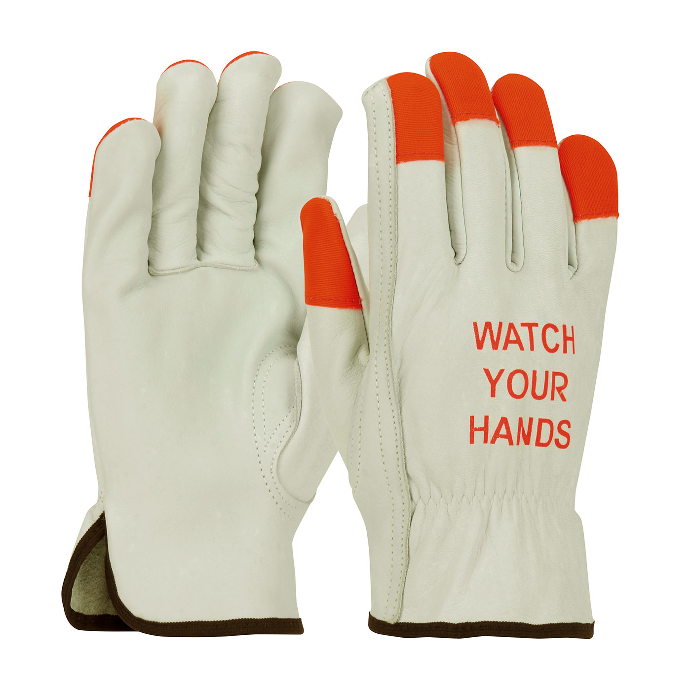 #68-162HV PIP® Cowhide Driver's Work Gloves w/ Hi-Viz Finger Tips & Imprinted Warning on Back