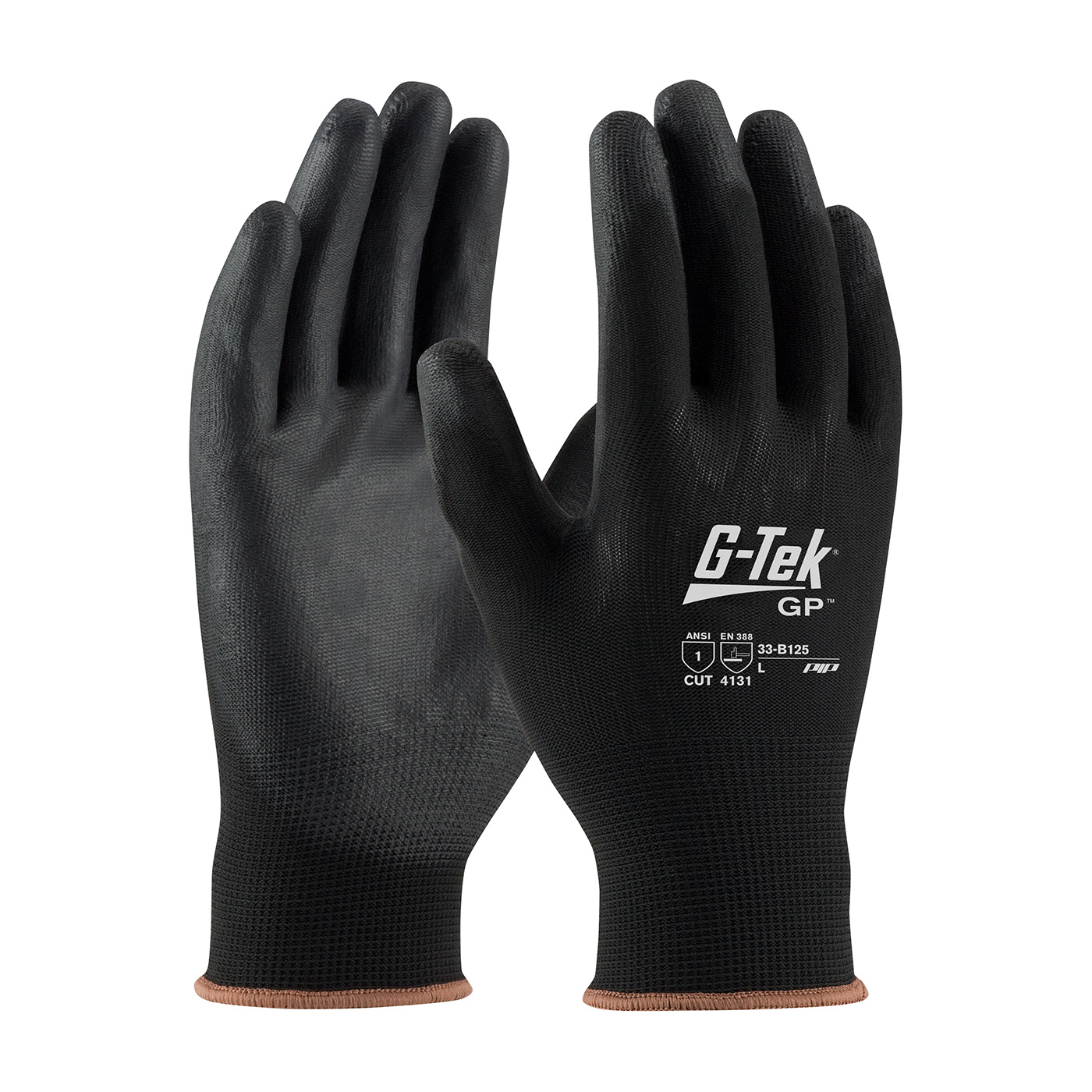 #33-B125 PIP® G-Tek® GP™ Seamless Knit Black Nylon Glove with Black Polyurethane Coated Smooth Grip on Palm & Fingers 