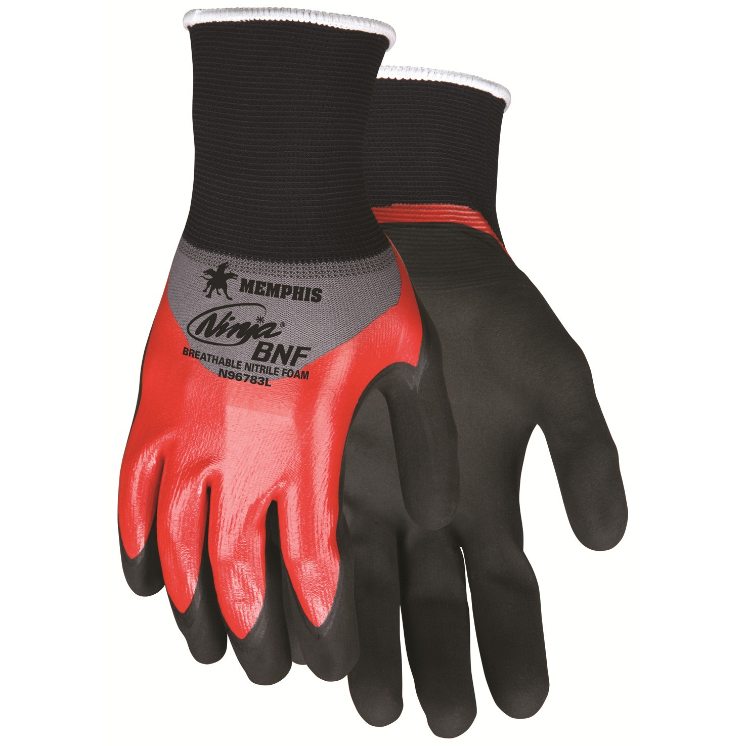 N96783 - MCR Safety Memphis Ninja® BNF 18 Gauge Nylon/Spandex, Over Knuckle Nitrile Dip, black BNF palm & finger 