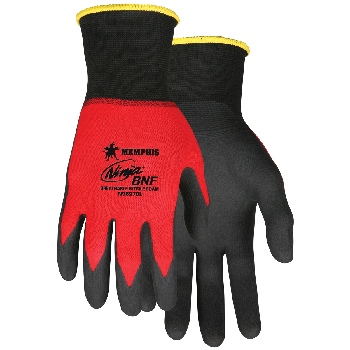 N96970 - MCR Safety Memphis Ninja® BNF, 18 Gauge Red Nylon/Spandex Shell, Black Coated Palm and Fingertips 
