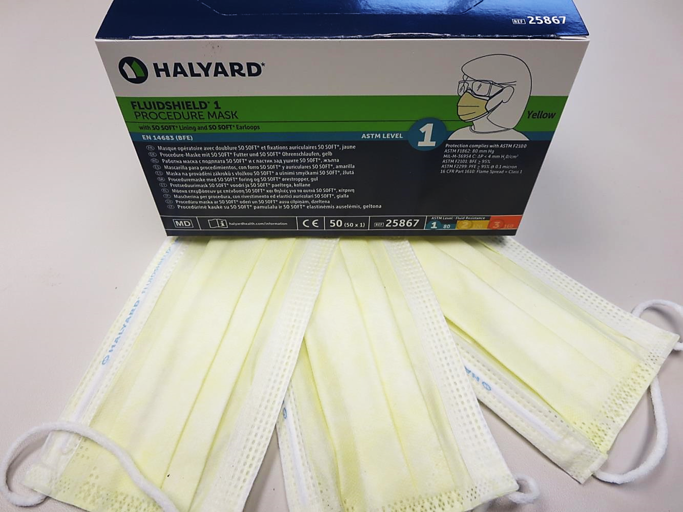 25867 Halyard® Fluidshield® ASTM Level 1  Pleated Procedure Yellow Ear-Loop Masks w/ So-Soft Technology