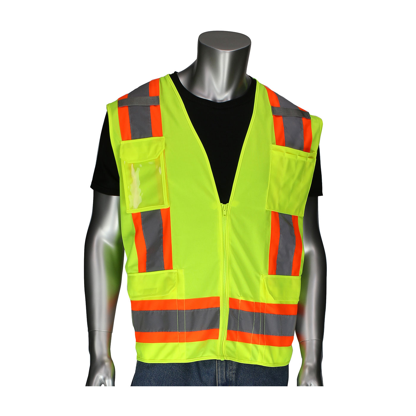 302-0500D PIP® ANSI Type R Class 2 Two-Tone Eleven Pocket Surveyors Vest with Solid Front, Mesh Back and `D` Ring Access -  Yellow