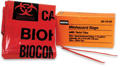 North® 24` X 23` 7 Gallon Red Biohazard Bag In Orange Box With Twist Ties, 021602 North® Biohazard Transport Bags - 7 Gallon