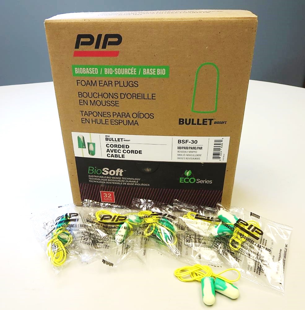 PIP® BSF-30 Mega Bullet™ BioSoft™ Bio-Based Tapered Foam Ear Plugs with Cord - NRR 32