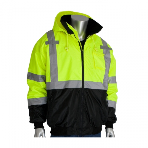 333-1766 PIP® ANSI Class 3 Value Black Bottom Bomber Jacket with Zip-Out Fleece Liner. High-Vis Yellow.