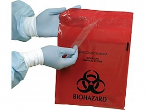Bio Hazard Waste Bag w/ Adhesive Strip , P0850S Plasdent Adhesive Red Biohazard Chairside Bags - 6` x 6`