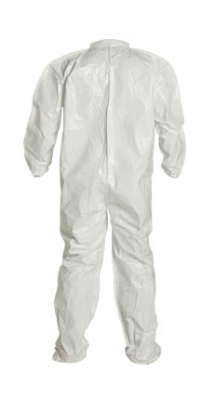 DuPont™ Tychem® SL Coverall. Collar. Elastic Wrists. Attached Socks. Storm Flap with Adhesive Closure. Bound Seams. White.