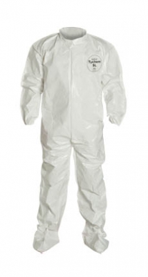 DuPont™ Tychem® SL Coverall. Collar. Elastic Wrists. Attached Socks. Storm Flap with Adhesive Closure. Bound Seams. White.