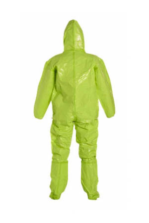 DuPont™ Tychem® 10000 Coverall - Respirator Fit Hood. Elastic Wrists. Attached Socks with Outer Boot Flaps. Double Storm Flap with Adhesive Closure. Taped Seams. Lime Yellow.