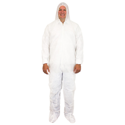 Keystone® 30 Gram Polypropylene Coveralls w/ Elastic Cuffs, Attached Booties and Hood 