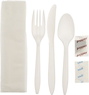 75002477 Prime Source Medium Weight 6 Piece Polypropylene Cutlery Kit includes knife, fork, teaspoon, salt, pepper and napkin