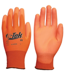 #33-425OR PIP® G-Tek® HV Hi-Vis Seamless Knit Polyester Glove with Polyurethane Coated Smooth Grip on Palm & Fingers 