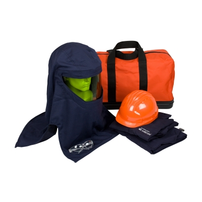 PIP® #9150-52436 PPE 4 ARC 40 Cal/cm2 Jacket/Overall Flash Kit contains jacket, overall, Arc hood, safety glasses, hard hat, and a carry bag.  