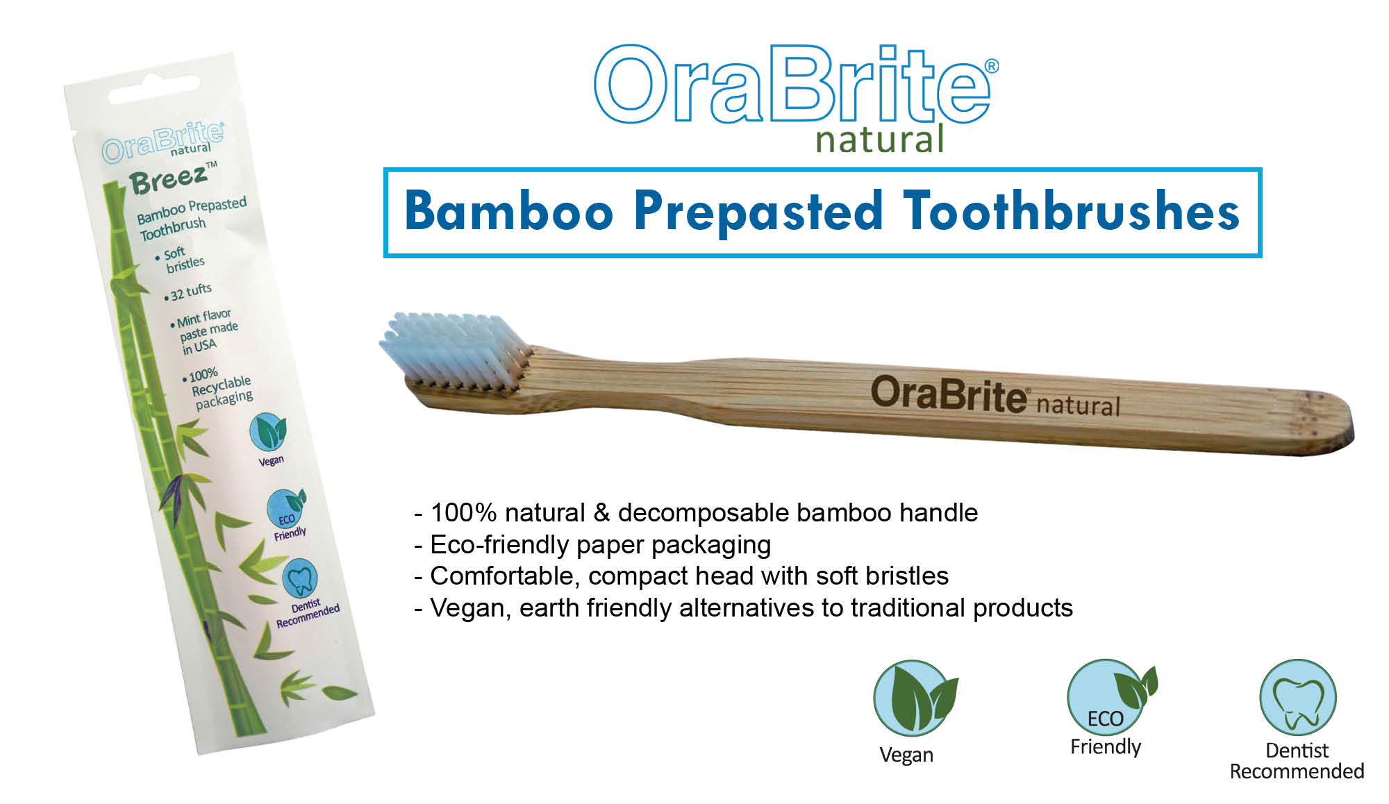 ORA22912 OraBrite Biodegradable Prepasted 32 Tuft Soft Bristle Adult Bamboo Toothbrushes