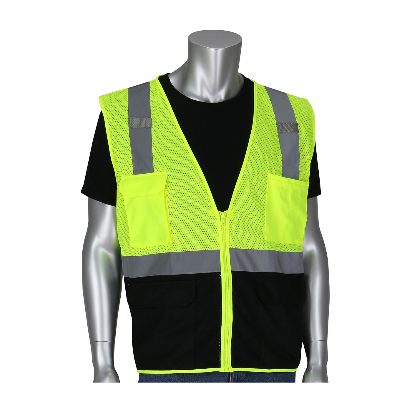 302-0710B PIP® ANSI Type R Class 2 Five Pocket Value Mesh Vest with Black Bottom Front - Yellow