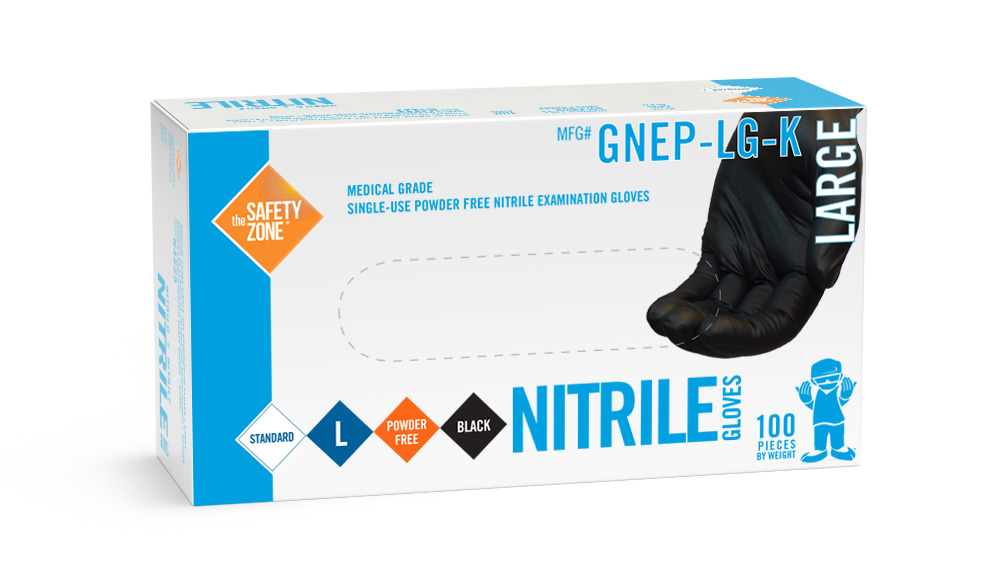 GNEP-SIZE-K Safety Zone 4.3-mil Medical Grade Black Disposable Powder-Free Latex-Free Nitrile Exam Glove