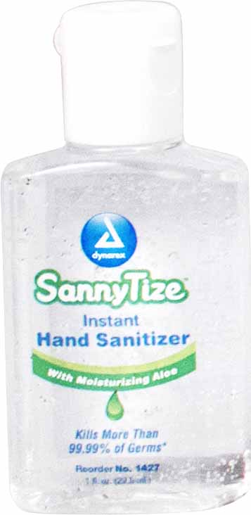 1427  Dynarex Sannytize Instant Hand Sanitizer contains 62% Ethyl Alcohol and come packed in a 1-ounce bottle