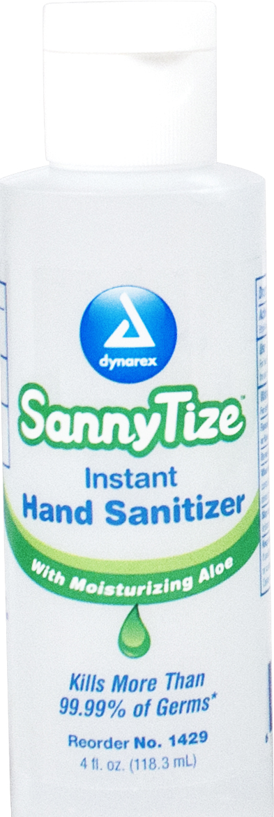 1429  Dynarex Sannytize Instant Hand Sanitizer contains 62% Ethyl Alcohol and come packed in a 4-ounce bottle