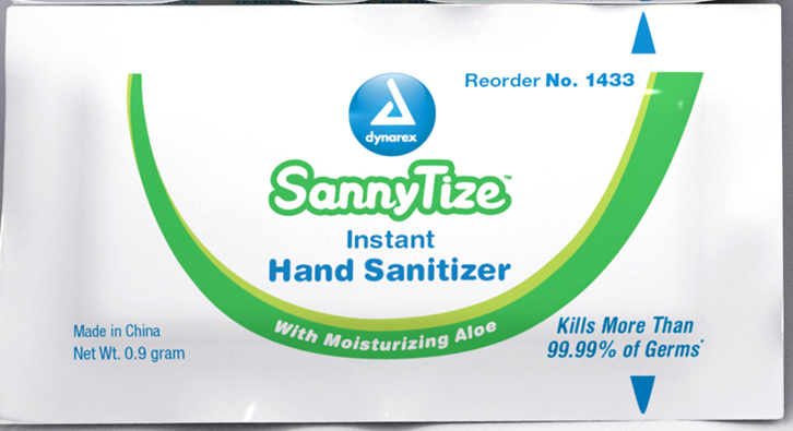 1433  Dynarex Sannytize Instant Hand Sanitizer Wipes are saturated with 70% Ethyl Alcohol and come packed in a .9g sachet pack