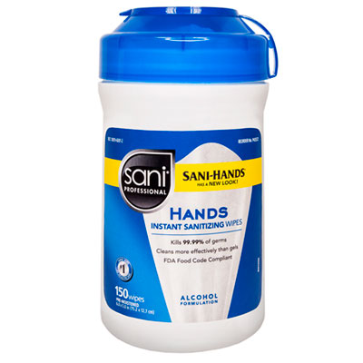 NIC P43572 Sani® Professional 6in x 5in Sani-Hands Sanitizing Wipes, 150 count canister