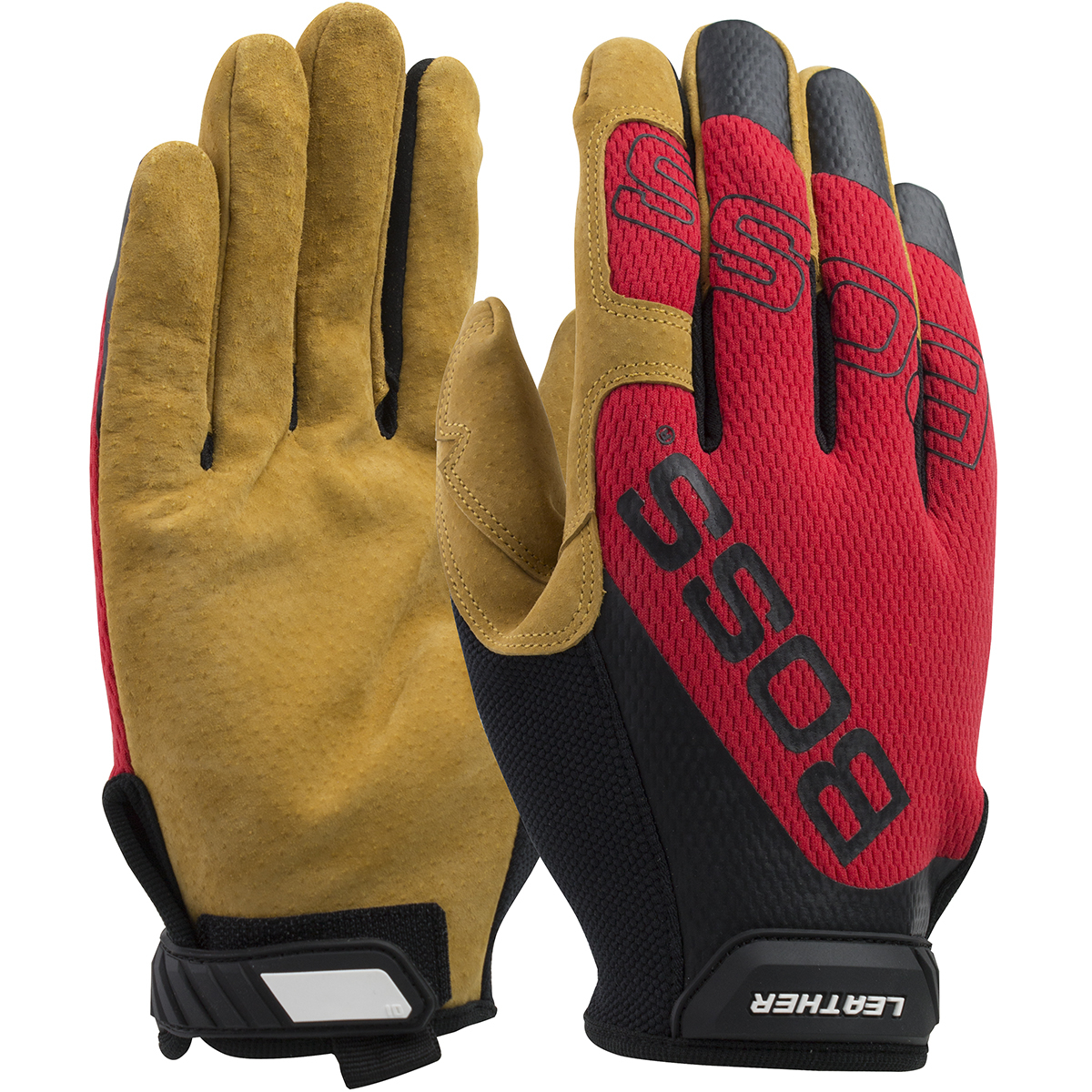 120-ML1350T   PIP® Boss® Premium Pigskin Leather Palm Mechanics Gloves with Red Mesh Fabric Back 