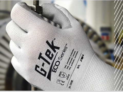 #31-131R PIP® G-Tek® ECO Series™ Seamless Knit Recycled Yarn / Spandex Blended Glove with Polyurethane Coated Flat Grip on Palm & Fingers