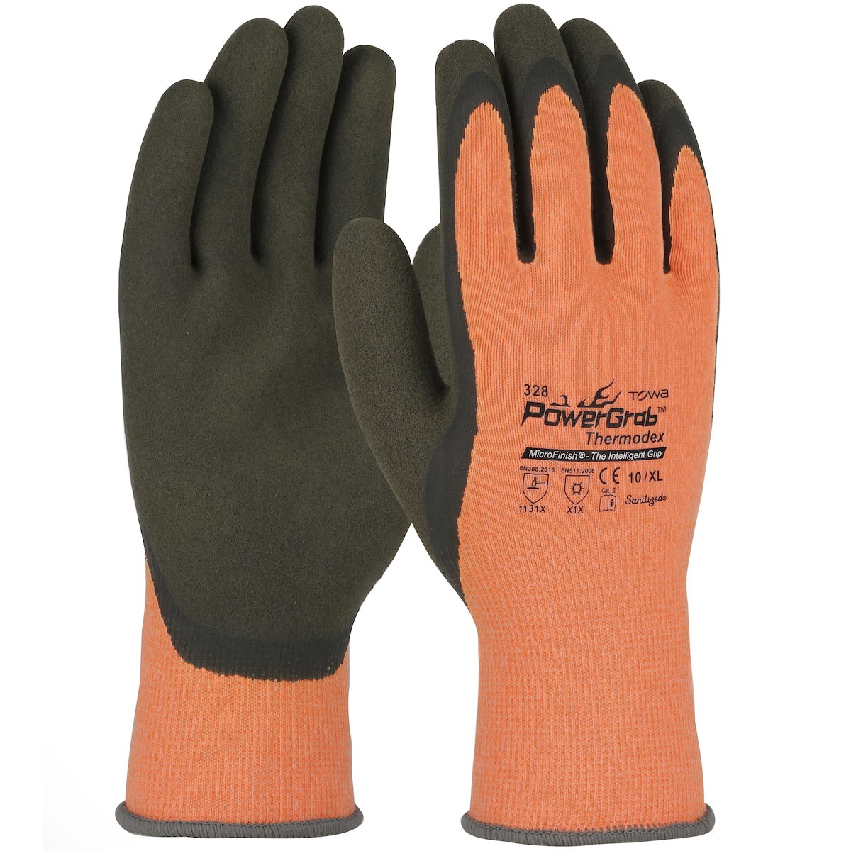 #41-1328 PIP®  PowerGrab™ Hi-Viz Orange Thermodex Seamless Knit Winter Glove with Latex MicroFinish Grip on Palm & Fingers 