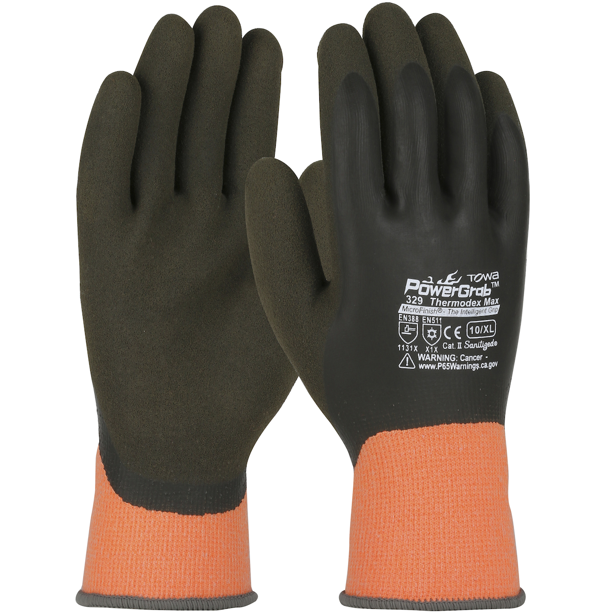 #41-1329 PIP®  PowerGrab™ Hi-Viz Orange Thermodex Seamless Knit Winter Glove with fully coated Latex MicroFinish Grip on hands