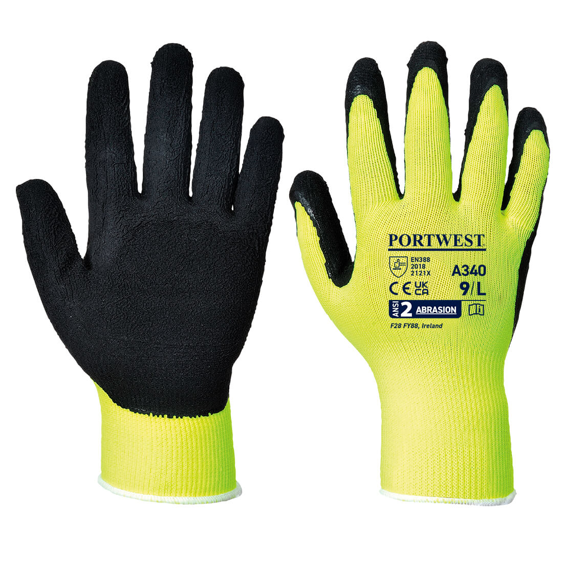 A340 Portwest® Hi-Vis Latex Foam Coated A1 Grippy Work Gloves